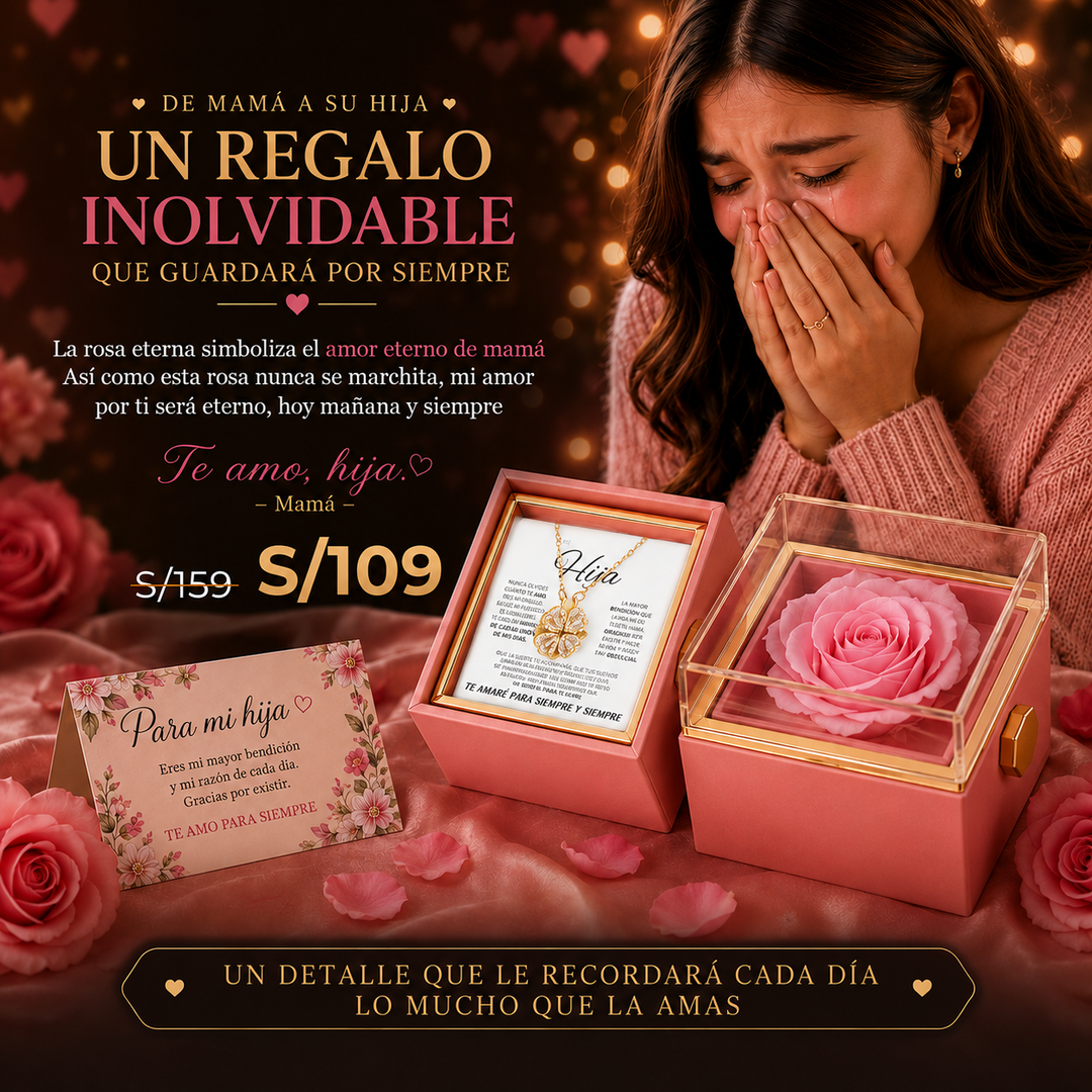 Recuerdo Eterno™ Rosa Eterna + Collar Trébol de 4 Hojas + Poema Personalizado
