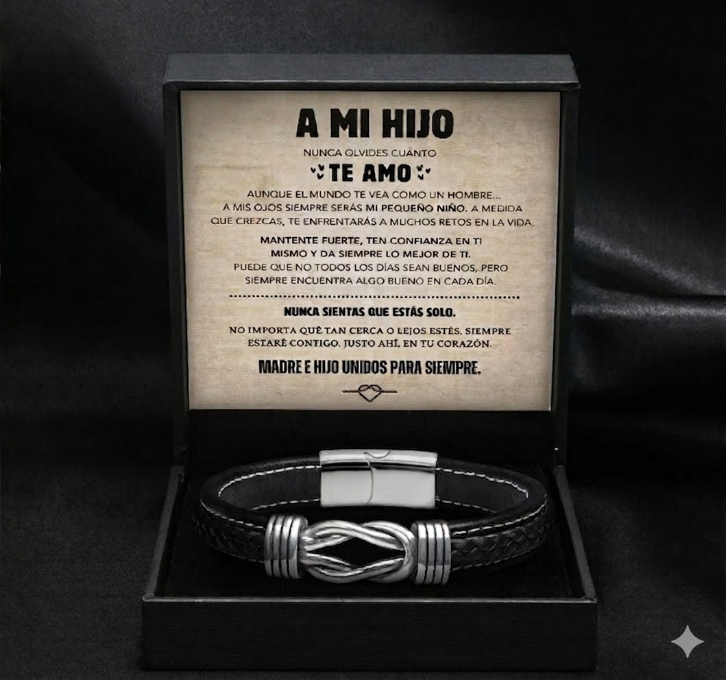 "A MI HIJO" | UNIDOS PARA SIEMPRE | BRAZALETE DE CUERO NUDO INFINITO™
