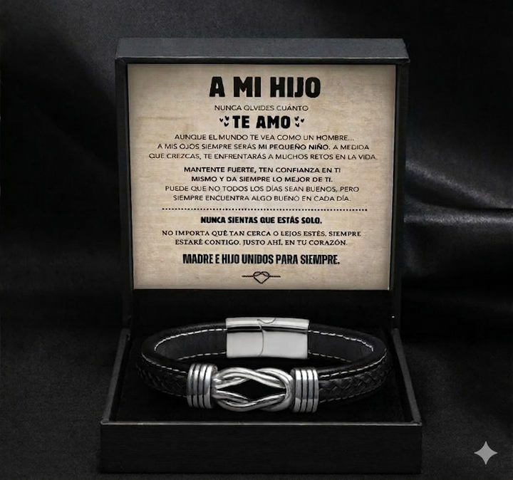 "A MI HIJO" | UNIDOS PARA SIEMPRE | BRAZALETE DE CUERO NUDO INFINITO™